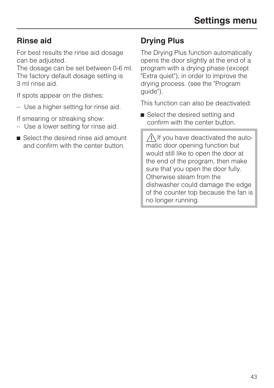 Drying plus 43, Settings menu, Rinse aid | Drying plus | Miele G 5705 User Manual | Page 43 / 72