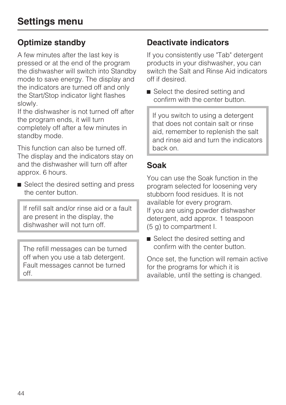 Settings menu, Optimize standby, Deactivate indicators | Soak | Miele G 5705 User Manual | Page 44 / 72