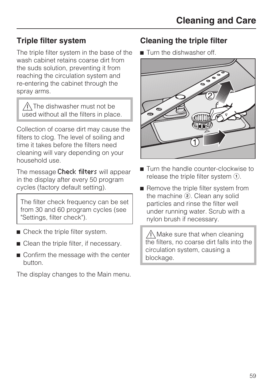 Triple filter system 59, Cleaning and care, Triple filter system | Cleaning the triple filter | Miele G 5705 User Manual | Page 59 / 72