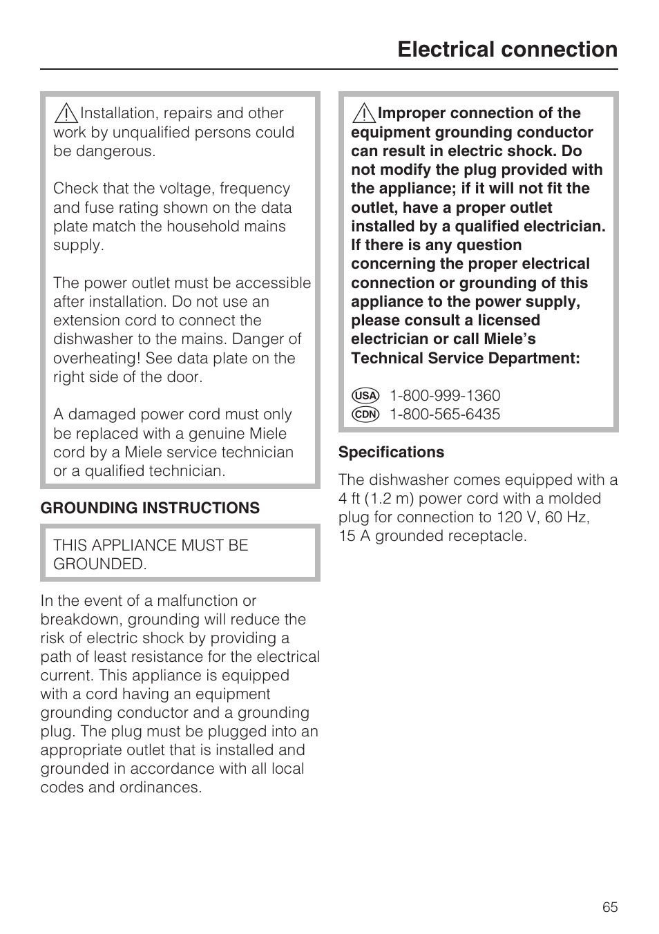 Electrical connection 65, Electrical connection | Miele G 5705 User Manual | Page 65 / 72