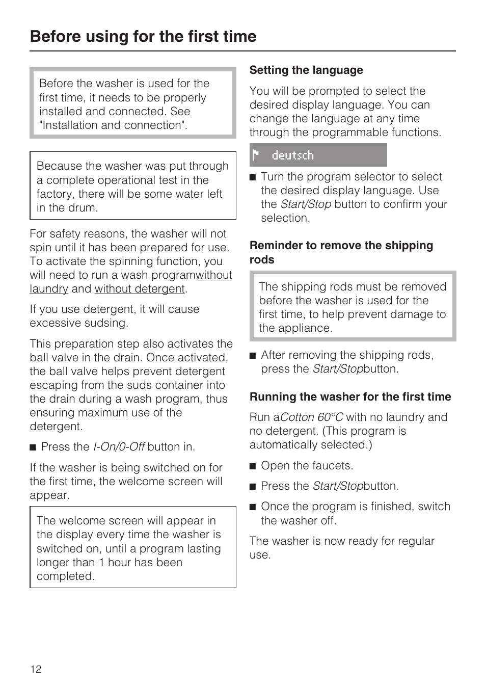 Before using for the first time 12, Before using for the first time | Miele W 1612 User Manual | Page 12 / 60