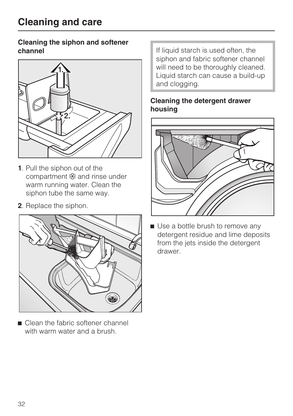 Cleaning and care | Miele W 1612 User Manual | Page 32 / 60