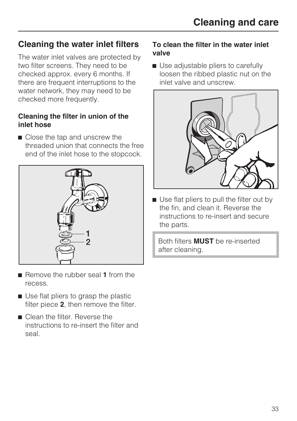 Cleaning the water inlet filters 33, Cleaning and care, Cleaning the water inlet filters | Miele W 1612 User Manual | Page 33 / 60