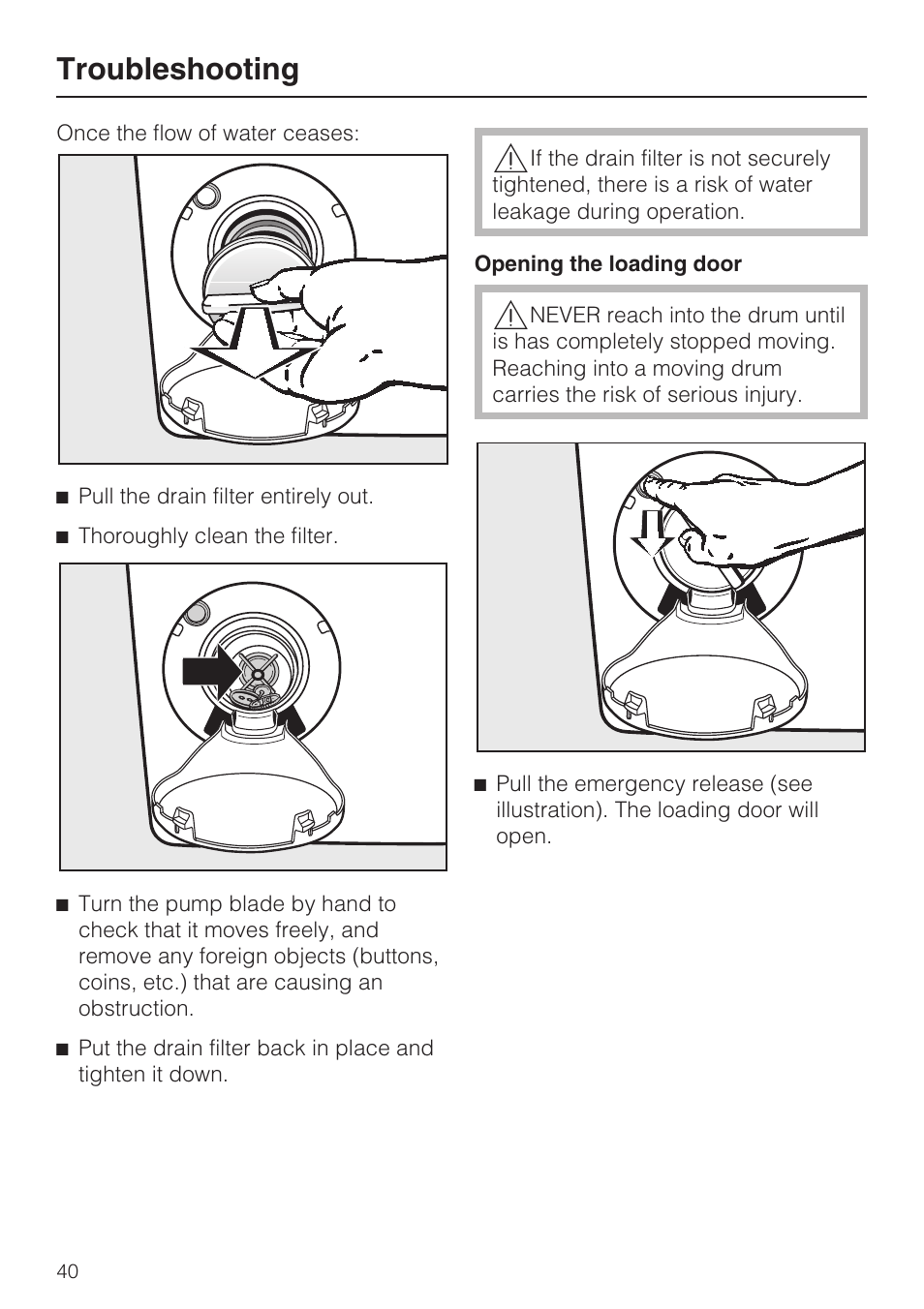 Troubleshooting | Miele W 1612 User Manual | Page 40 / 60