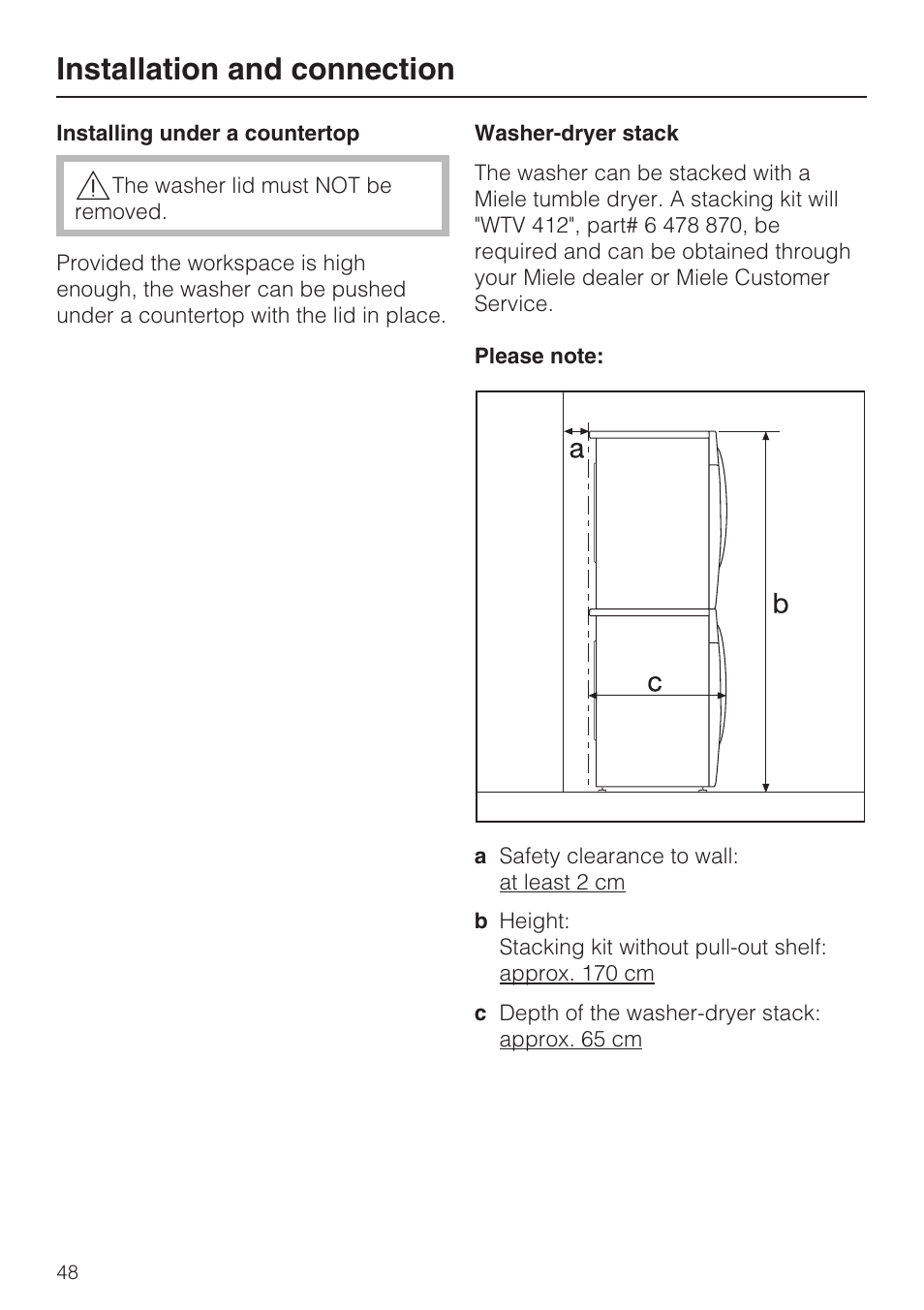 Installing under a countertop 48, Washer-dryer stack 48, Installation and connection | Miele W 1612 User Manual | Page 48 / 60