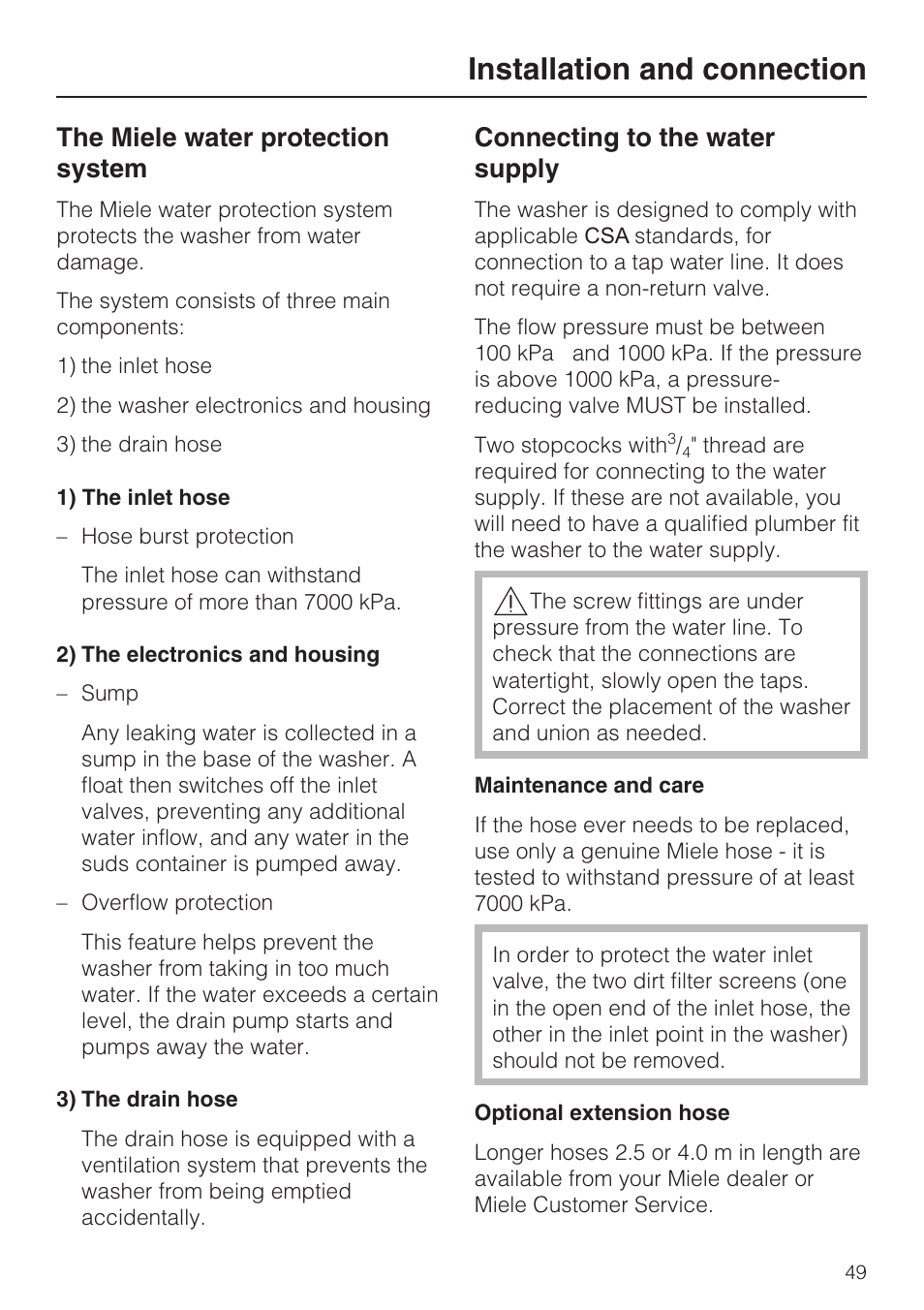 The miele water protection system 49, Connecting to the water supply 49, Installation and connection | The miele water protection system, Connecting to the water supply | Miele W 1612 User Manual | Page 49 / 60