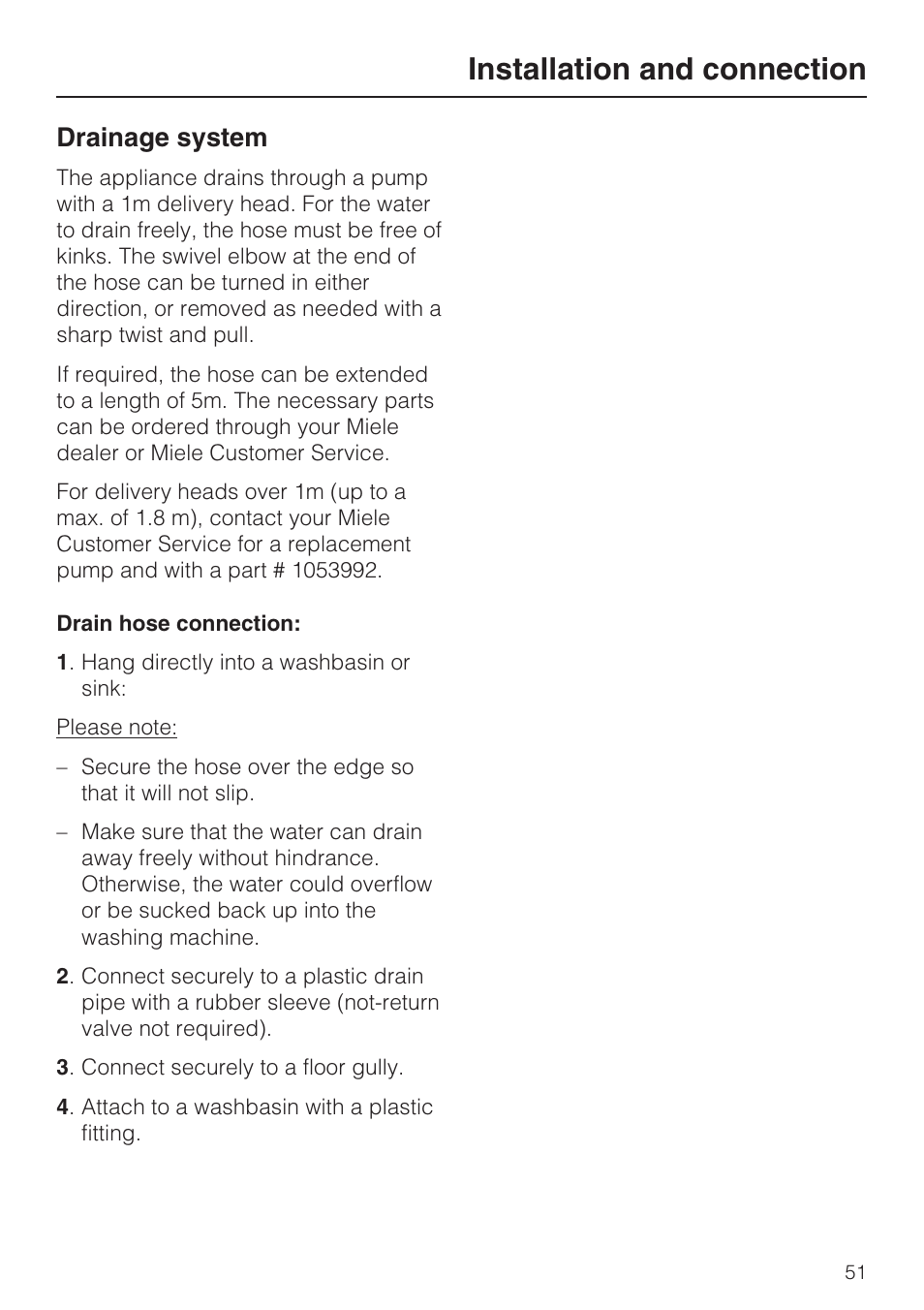 Drainage system 51, Installation and connection, Drainage system | Miele W 1612 User Manual | Page 51 / 60
