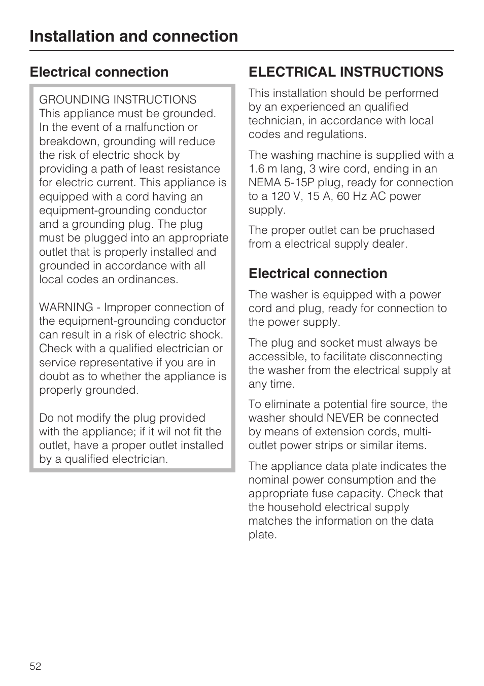 Electrical connection 52, Electrical instructions 52, Installation and connection | Electrical connection, Electrical instructions | Miele W 1612 User Manual | Page 52 / 60