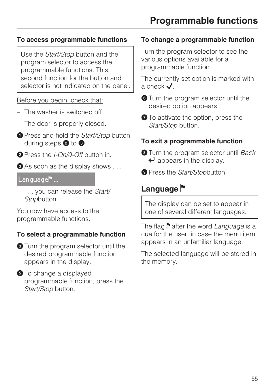 Programmable functions 55, To access programmable functions 55, To select a programmable function 55 | To change a programmable function 55, To exit a programmable function 55, Language ! 55, Programmable functions, Language | Miele W 1612 User Manual | Page 55 / 60