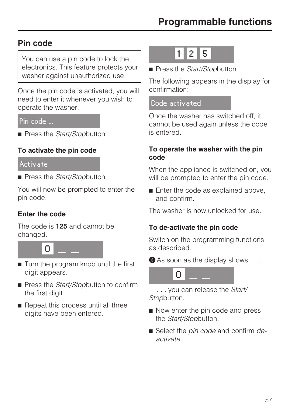 Pin code 57, Programmable functions, Pin code | Miele W 1612 User Manual | Page 57 / 60