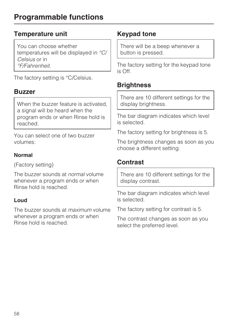 Temperature unit 58, Buzzer 58, Keypad tone 58 | Brightness 58, Contrast 58, Programmable functions, Temperature unit, Buzzer, Keypad tone, Brightness | Miele W 1612 User Manual | Page 58 / 60