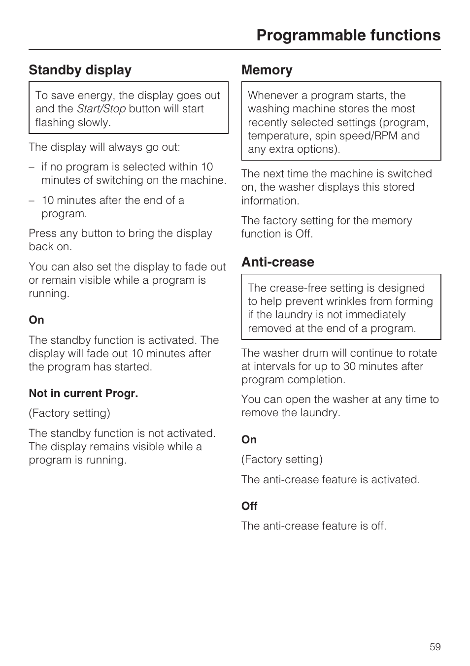 Standby display 59, Memory 59, Anti-crease 59 | Programmable functions, Standby display, Anti-crease | Miele W 1612 User Manual | Page 59 / 60
