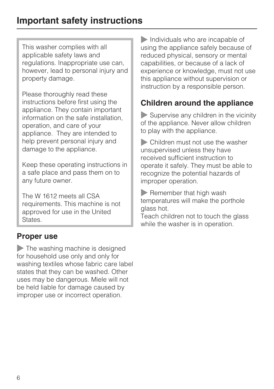 Important safety instructions 6, Important safety instructions | Miele W 1612 User Manual | Page 6 / 60