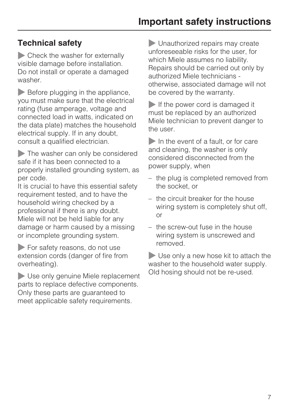 Important safety instructions | Miele W 1612 User Manual | Page 7 / 60