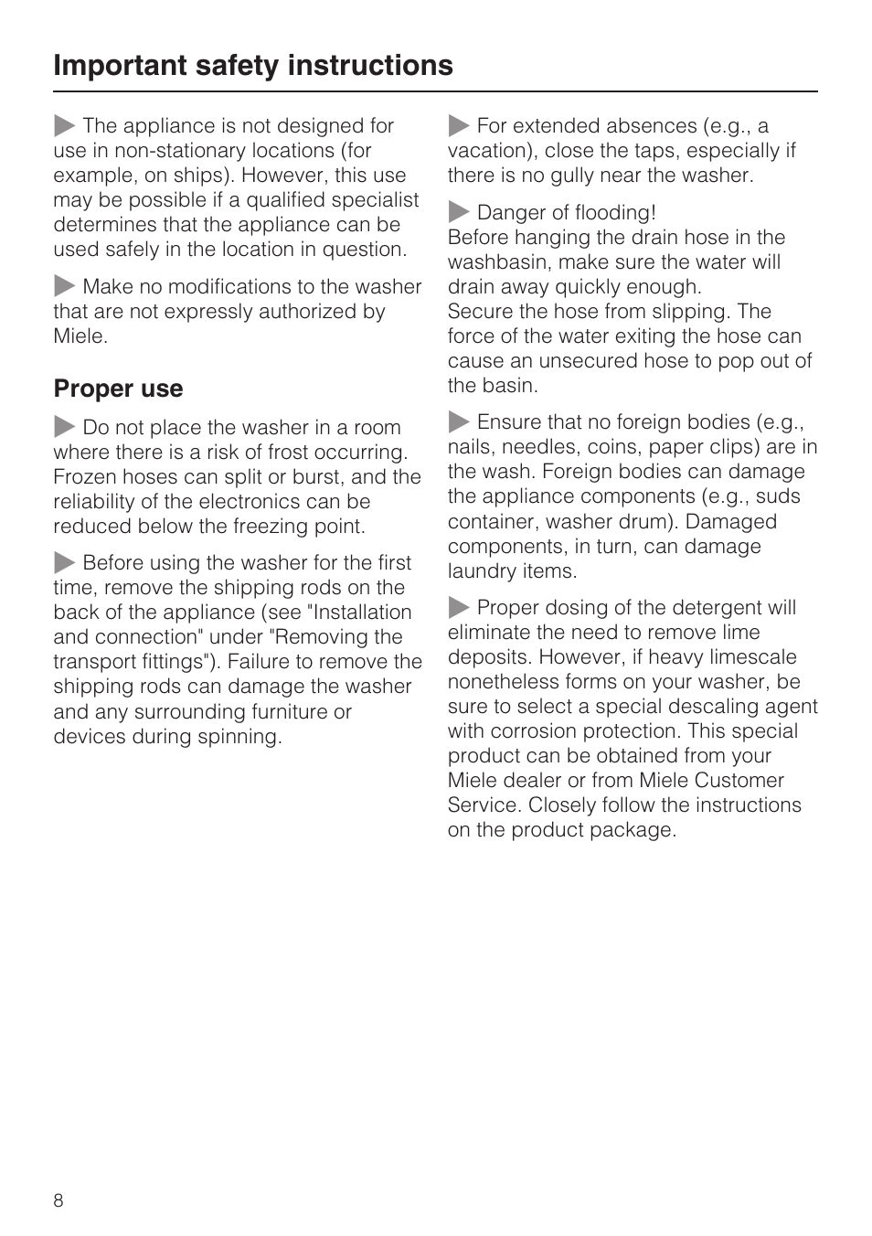 Important safety instructions | Miele W 1612 User Manual | Page 8 / 60