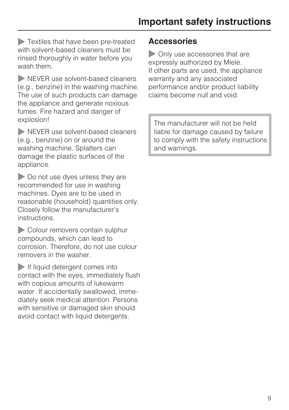 Important safety instructions | Miele W 1612 User Manual | Page 9 / 60