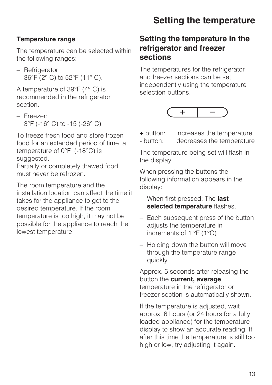 Setting the temperature 13, Setting the temperature | Miele KFN 9753 iD EN User Manual | Page 13 / 56