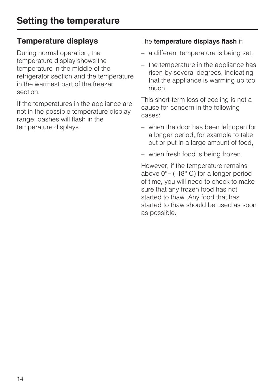Temperature displays 14, Setting the temperature, Temperature displays | Miele KFN 9753 iD EN User Manual | Page 14 / 56