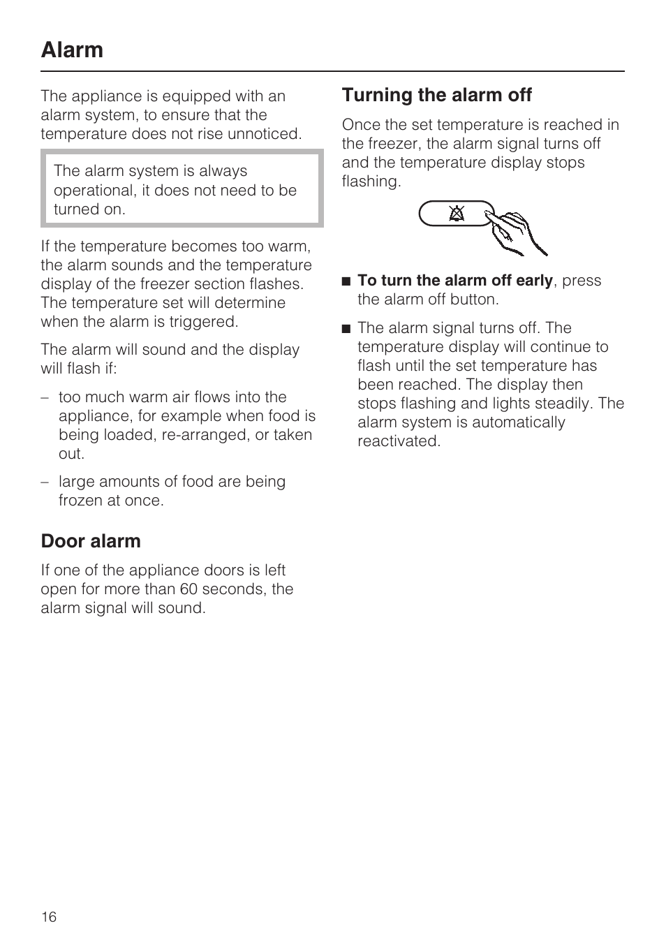 Alarm 16, Door alarm 16, Turning the alarm off 16 | Alarm, Door alarm, Turning the alarm off | Miele KFN 9753 iD EN User Manual | Page 16 / 56