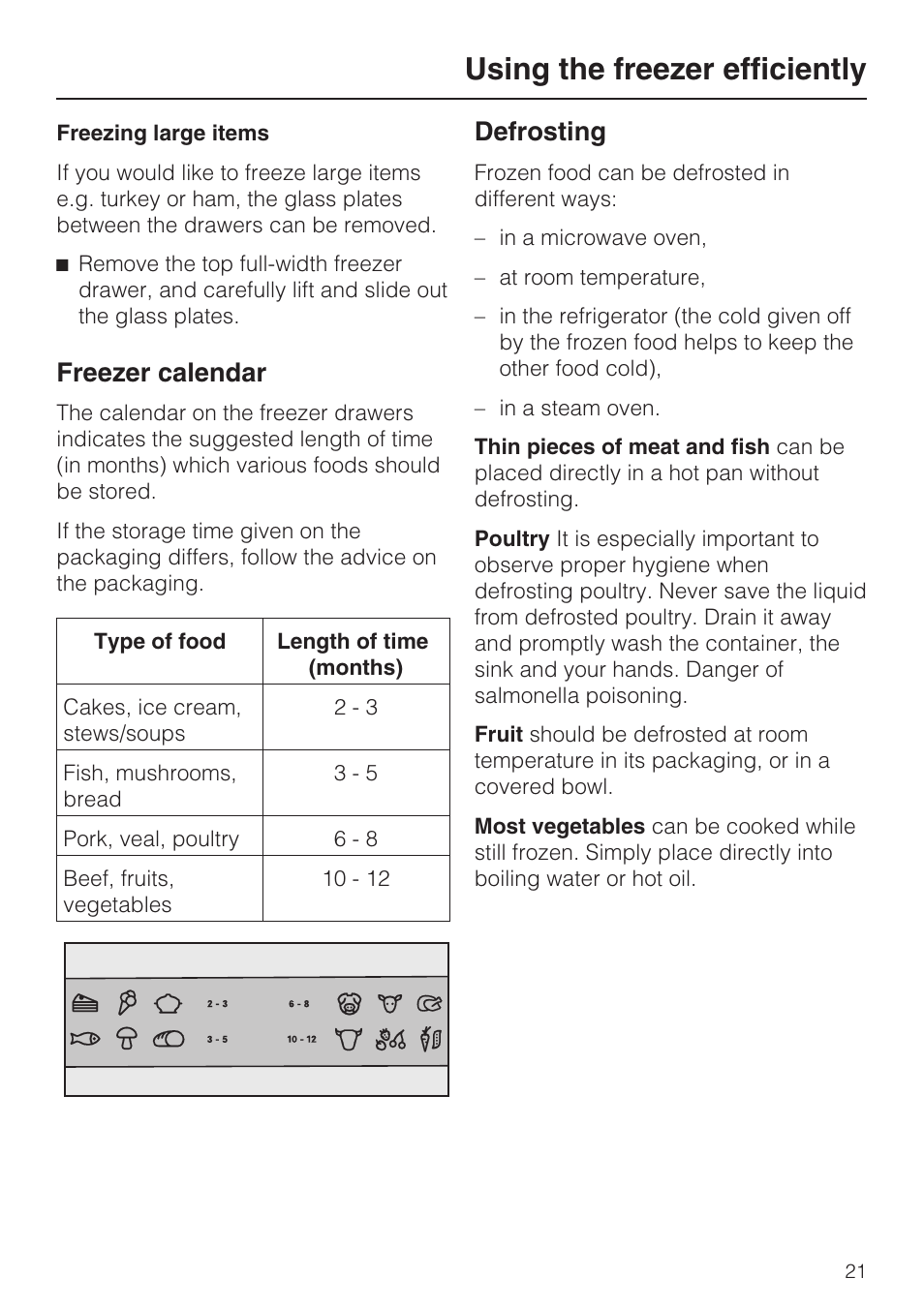 Freezer calendar 21, Defrosting 21, Using the freezer efficiently | Freezer calendar, Defrosting | Miele KFN 9753 iD EN User Manual | Page 21 / 56