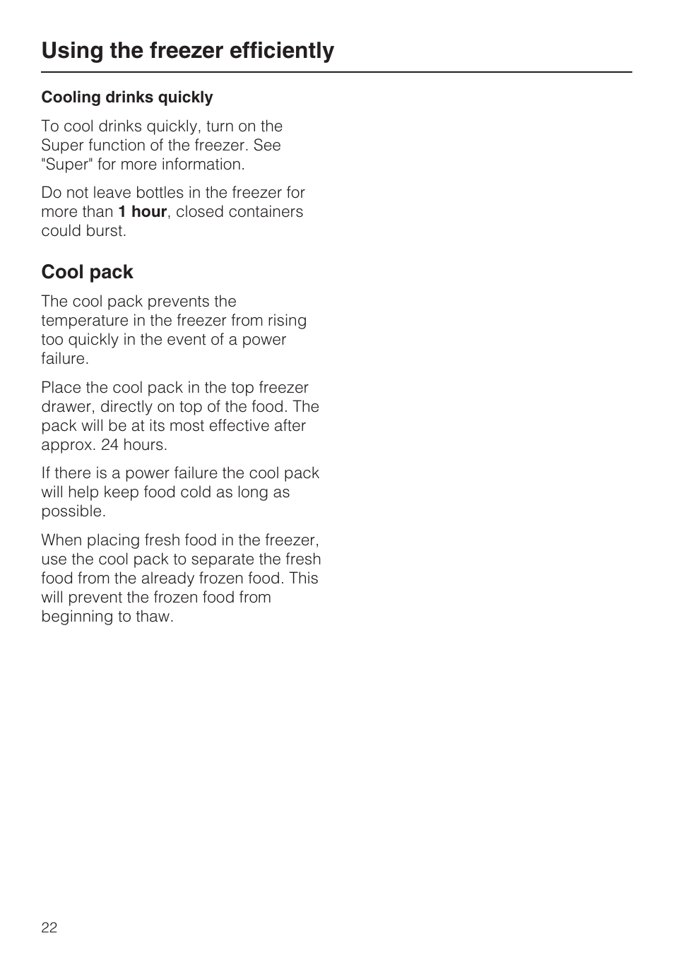 Cool pack 22, Using the freezer efficiently, Cool pack | Miele KFN 9753 iD EN User Manual | Page 22 / 56