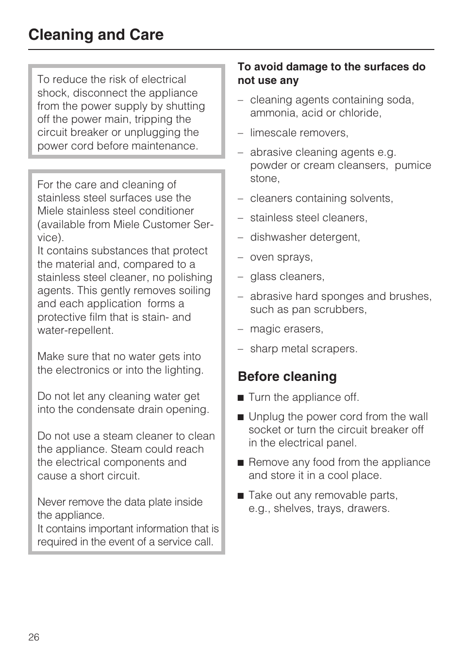 Cleaning and care 26, Cleaning and care, Before cleaning | Miele KFN 9753 iD EN User Manual | Page 26 / 56