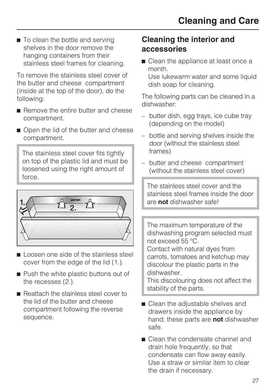 Cleaning the interior and accessories 27, Cleaning and care, Cleaning the interior and accessories | Miele KFN 9753 iD EN User Manual | Page 27 / 56