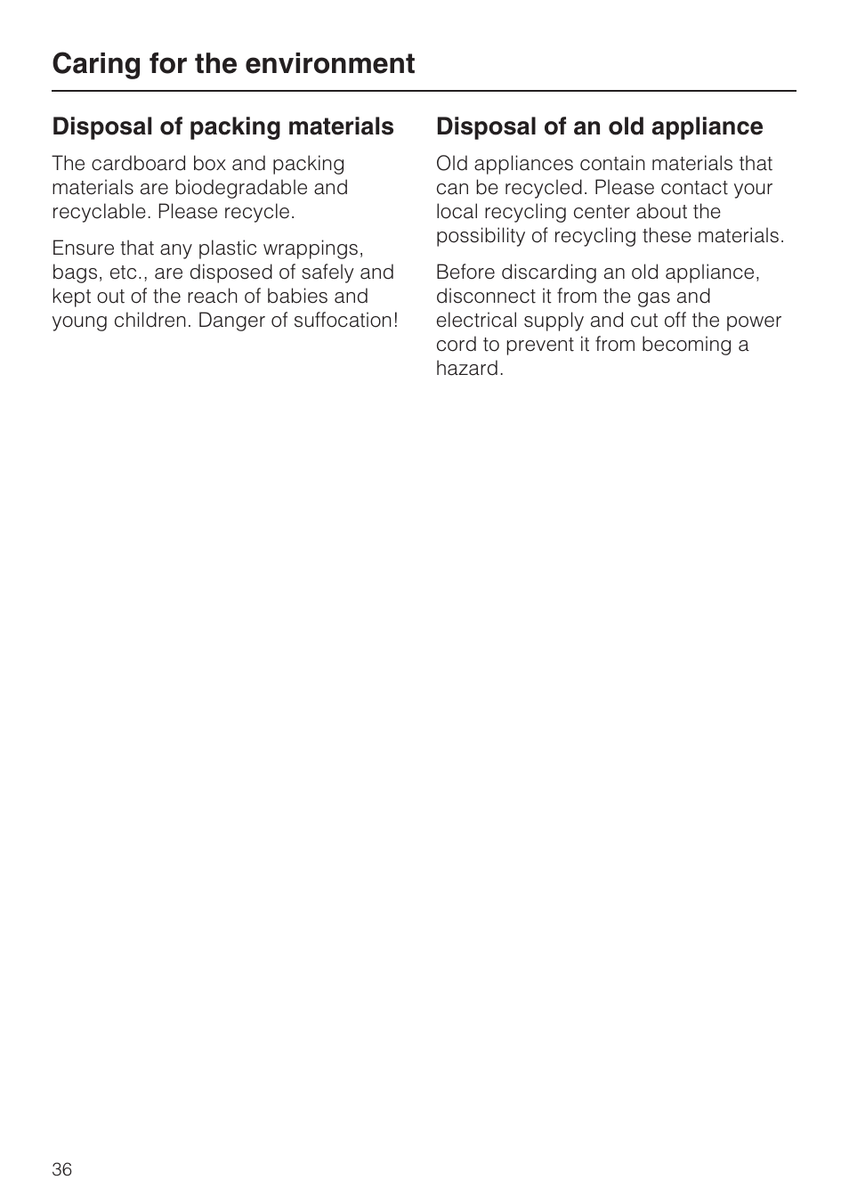 Caring for the environment 36, Caring for the environment | Miele KFN 9753 iD EN User Manual | Page 36 / 56