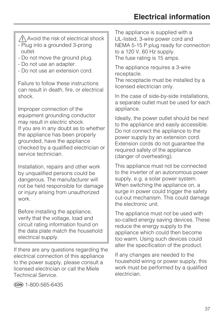 Electrical information 37, Electrical information | Miele KFN 9753 iD EN User Manual | Page 37 / 56