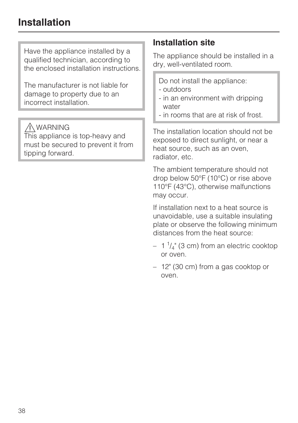 Installation 38, Installation site 38, Installation | Installation site | Miele KFN 9753 iD EN User Manual | Page 38 / 56