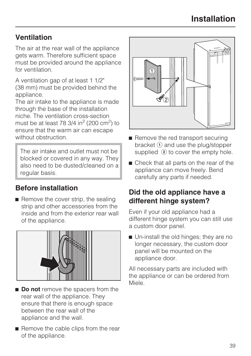 Ventilation 39, Before installation 39, Installation | Ventilation, Before installation | Miele KFN 9753 iD EN User Manual | Page 39 / 56