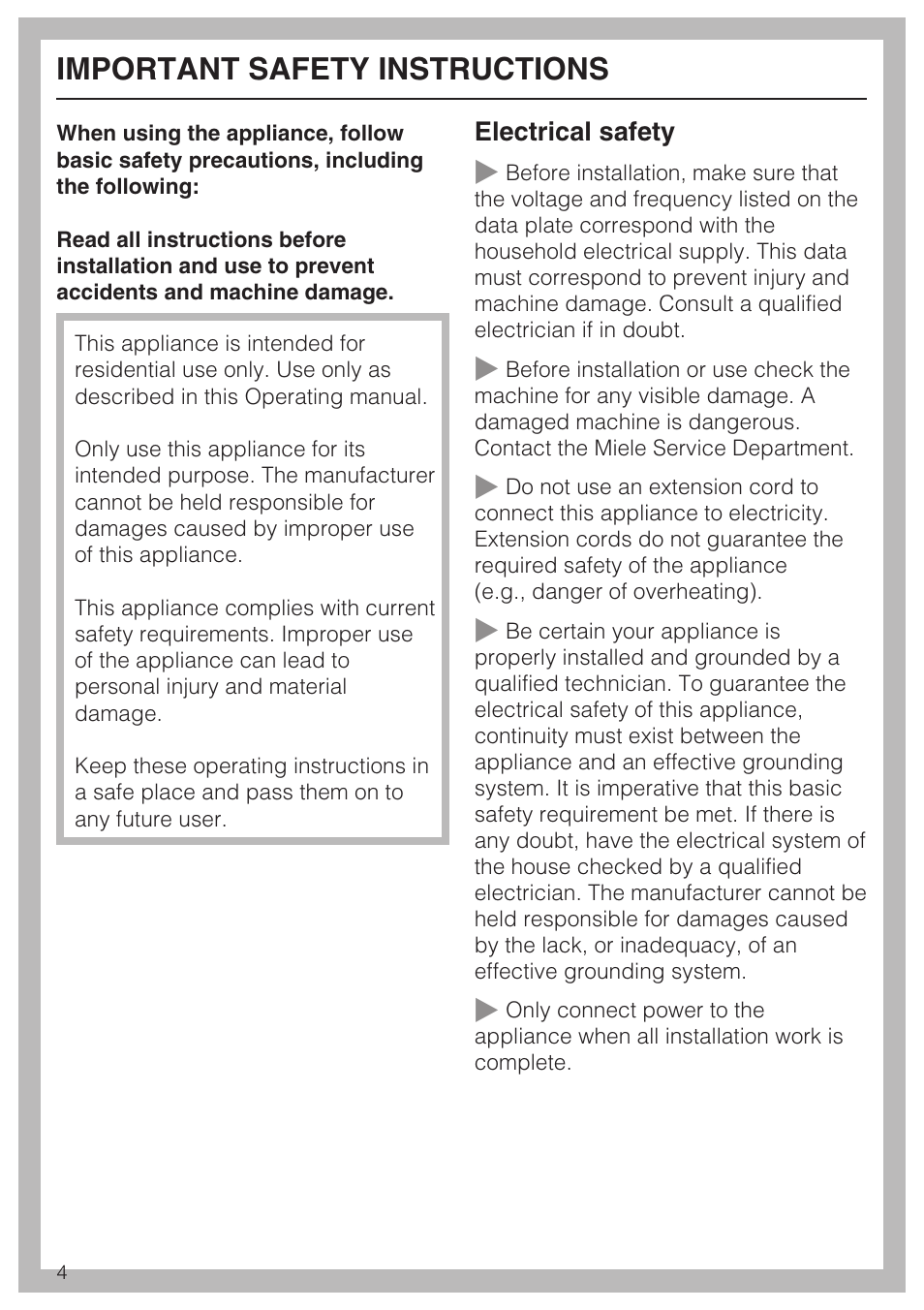 Important safety instructions 4, Important safety instructions | Miele KFN 9753 iD EN User Manual | Page 4 / 56