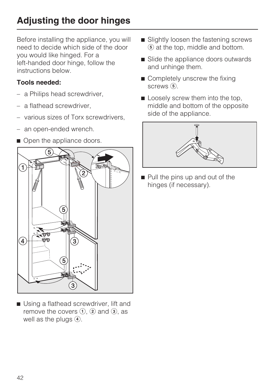 Adjusting the door hinges 42, Adjusting the door hinges | Miele KFN 9753 iD EN User Manual | Page 42 / 56