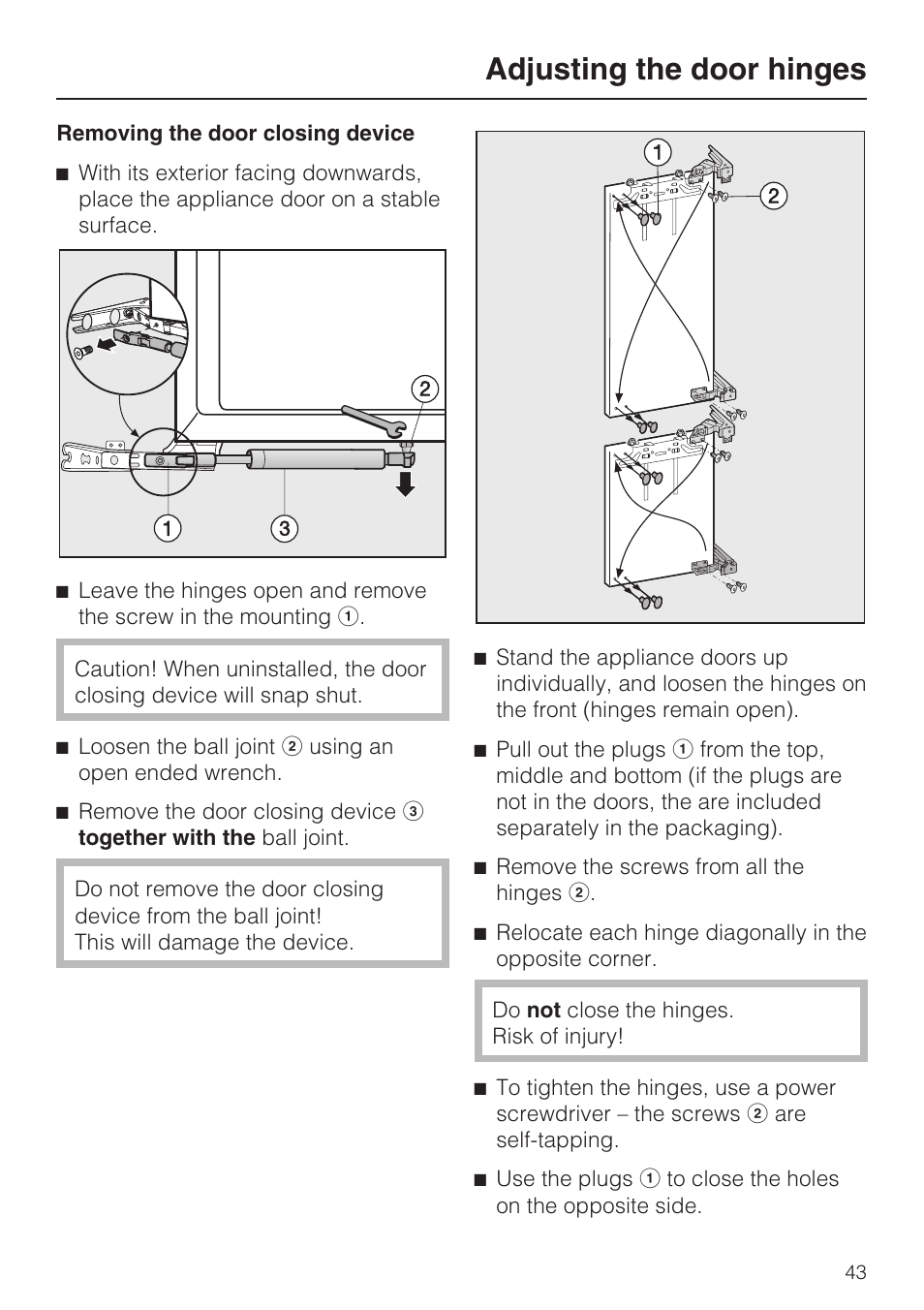 Adjusting the door hinges | Miele KFN 9753 iD EN User Manual | Page 43 / 56