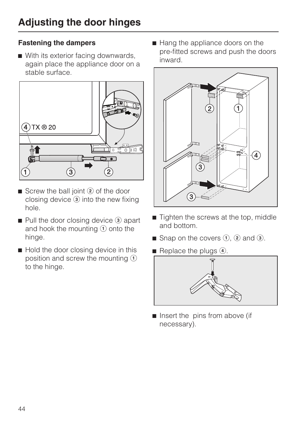 Adjusting the door hinges | Miele KFN 9753 iD EN User Manual | Page 44 / 56