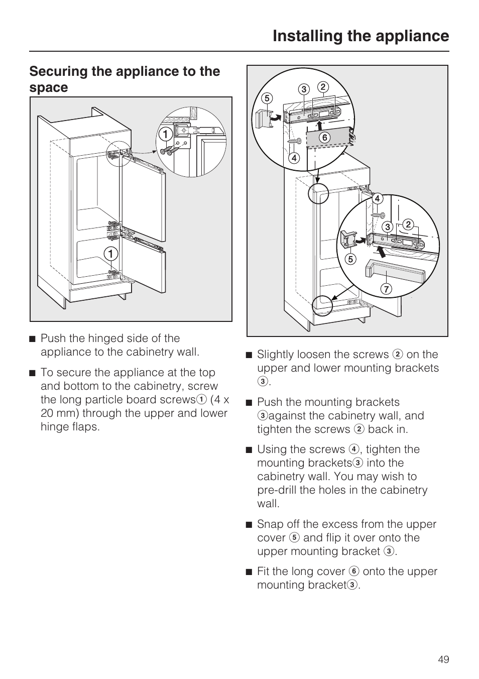 Installing the appliance, Securing the appliance to the space | Miele KFN 9753 iD EN User Manual | Page 49 / 56