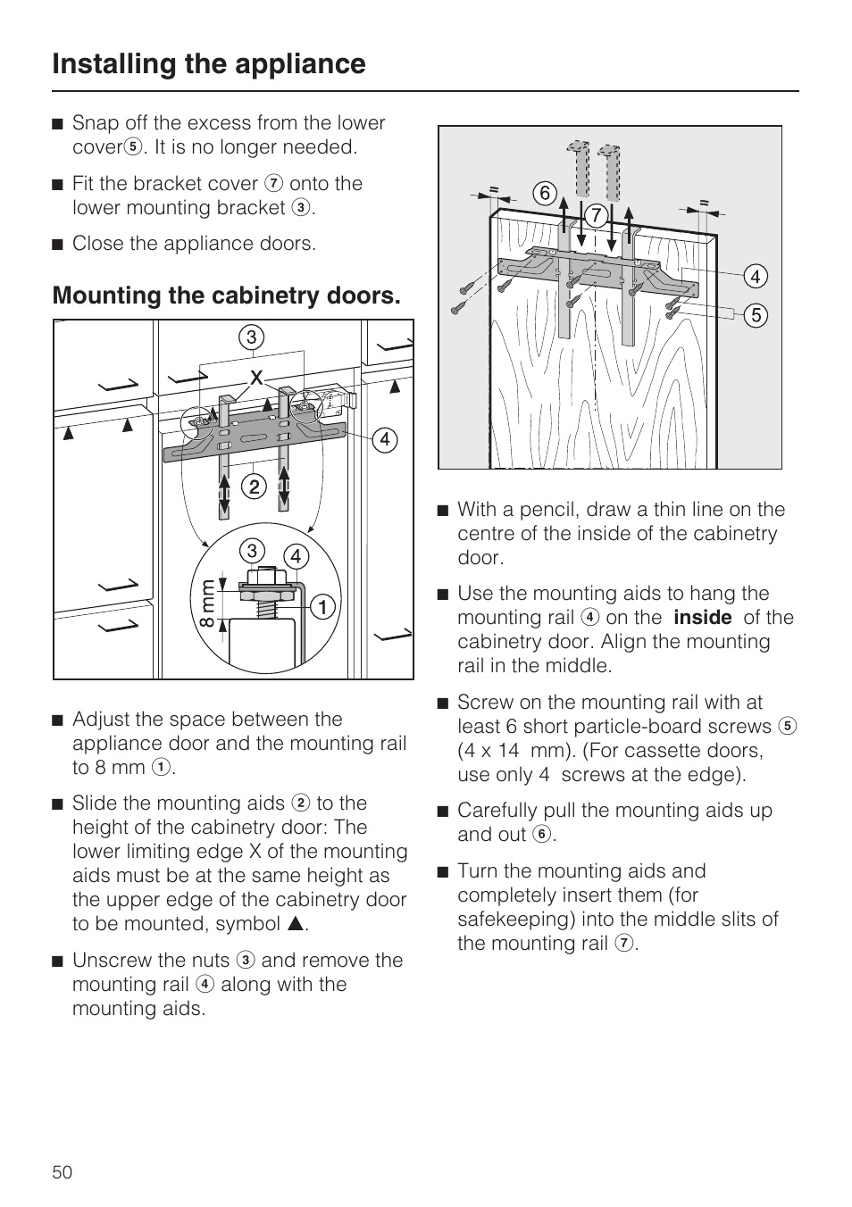 Mounting the cabinetry doors. 50, Installing the appliance, Mounting the cabinetry doors | Miele KFN 9753 iD EN User Manual | Page 50 / 56