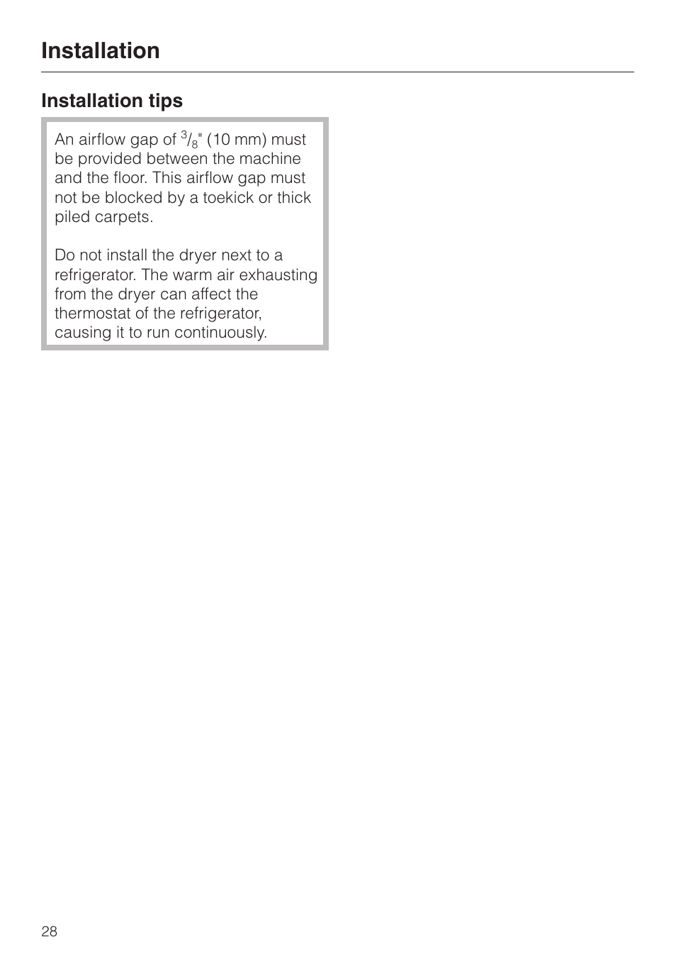 Installation tips 28, Installation tips, Installation | Miele TOUCHTRONIC T 1413 User Manual | Page 32 / 40