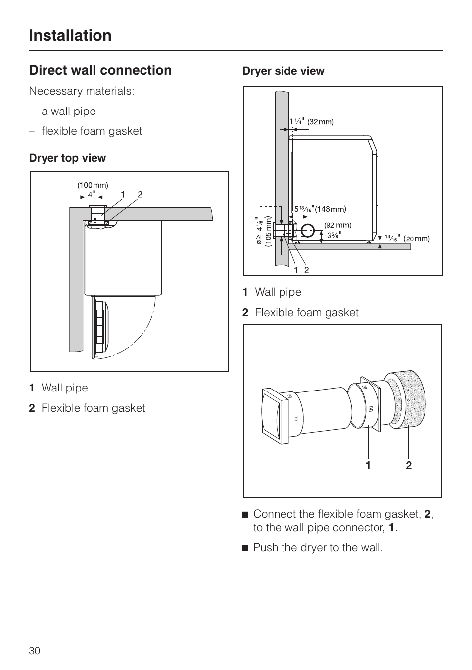 Direct wall connection 30, Direct wall connection, Installation | Miele TOUCHTRONIC T 1413 User Manual | Page 34 / 40