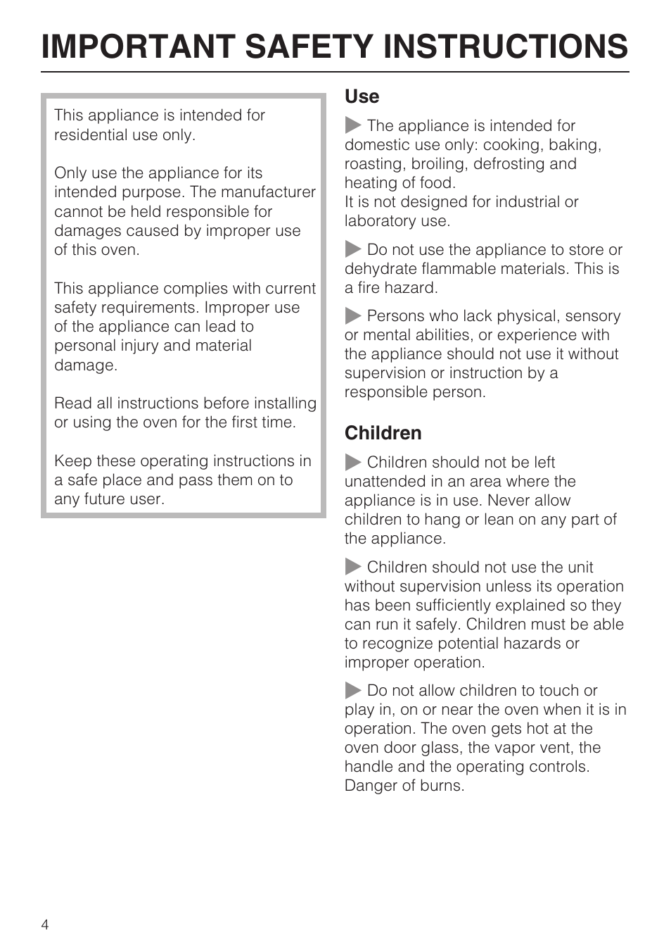 Important safety instructions 4, Important safety instructions | Miele OVEN H 4882 BP User Manual | Page 4 / 80