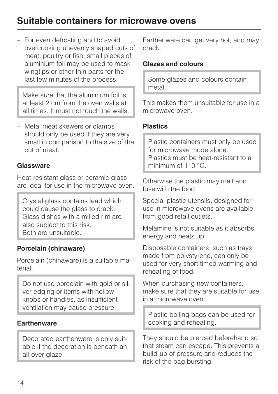 Suitable containers for microwave ovens | Miele M 635 EG User Manual | Page 14 / 44