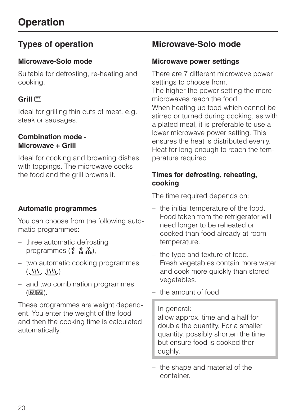 Operation 20, Types of operation 20, Microwave-solo mode 20 | Microwave power settings 20, Times for defrosting, reheating, cooking 20, Operation, Types of operation microwave-solo mode, Types of operation, Microwave-solo mode | Miele M 635 EG User Manual | Page 20 / 44