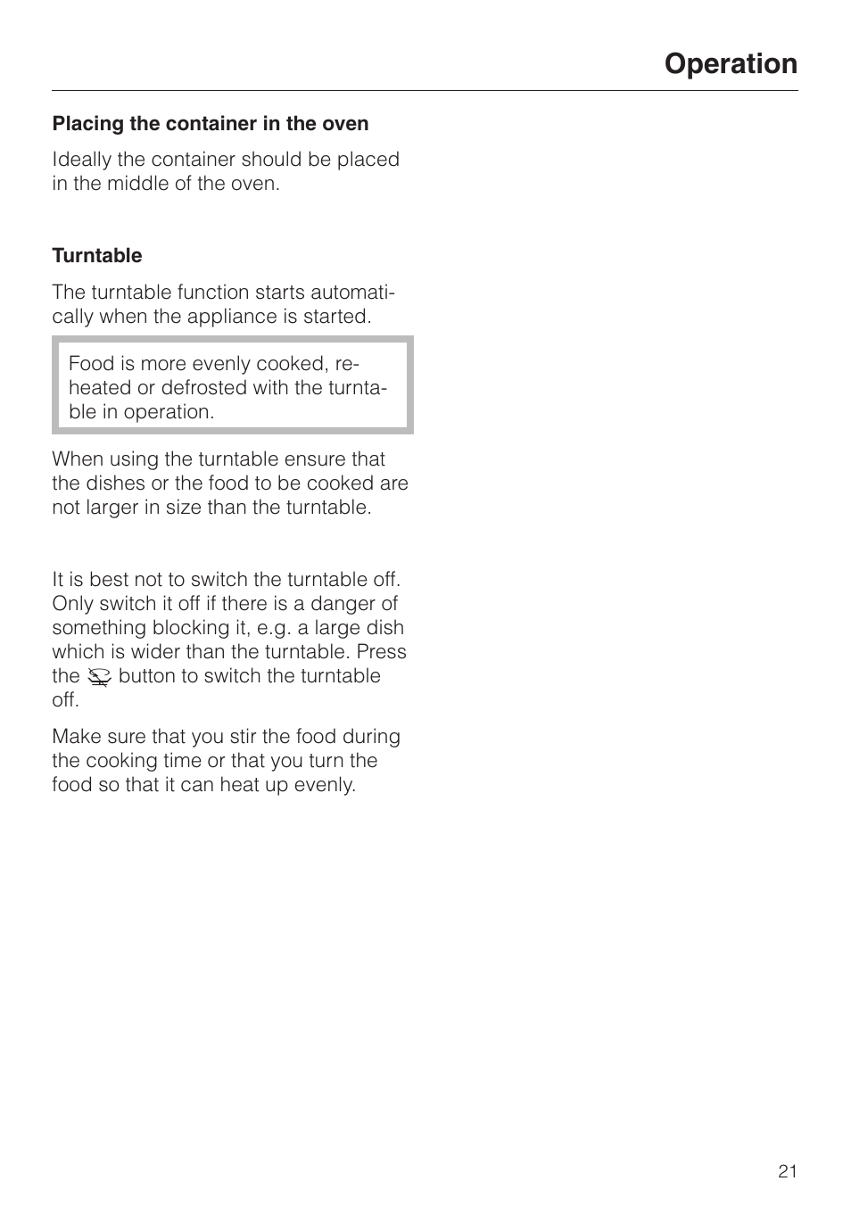 Placing the container in the oven 21, Turntable 21, Placing the container in the oven turntable | Operation | Miele M 635 EG User Manual | Page 21 / 44