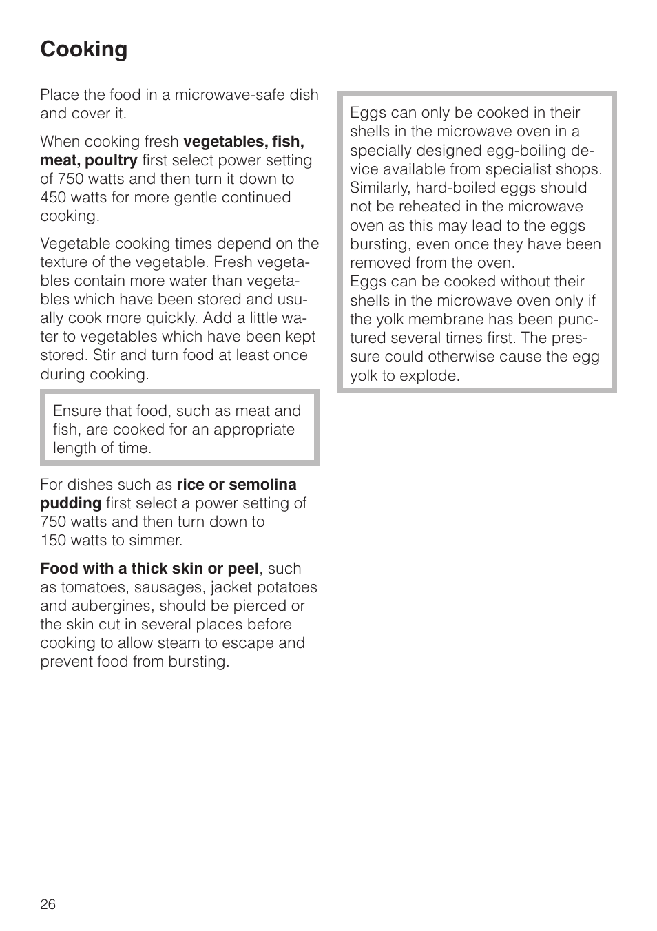 Cooking 26, Cooking | Miele M 635 EG User Manual | Page 26 / 44