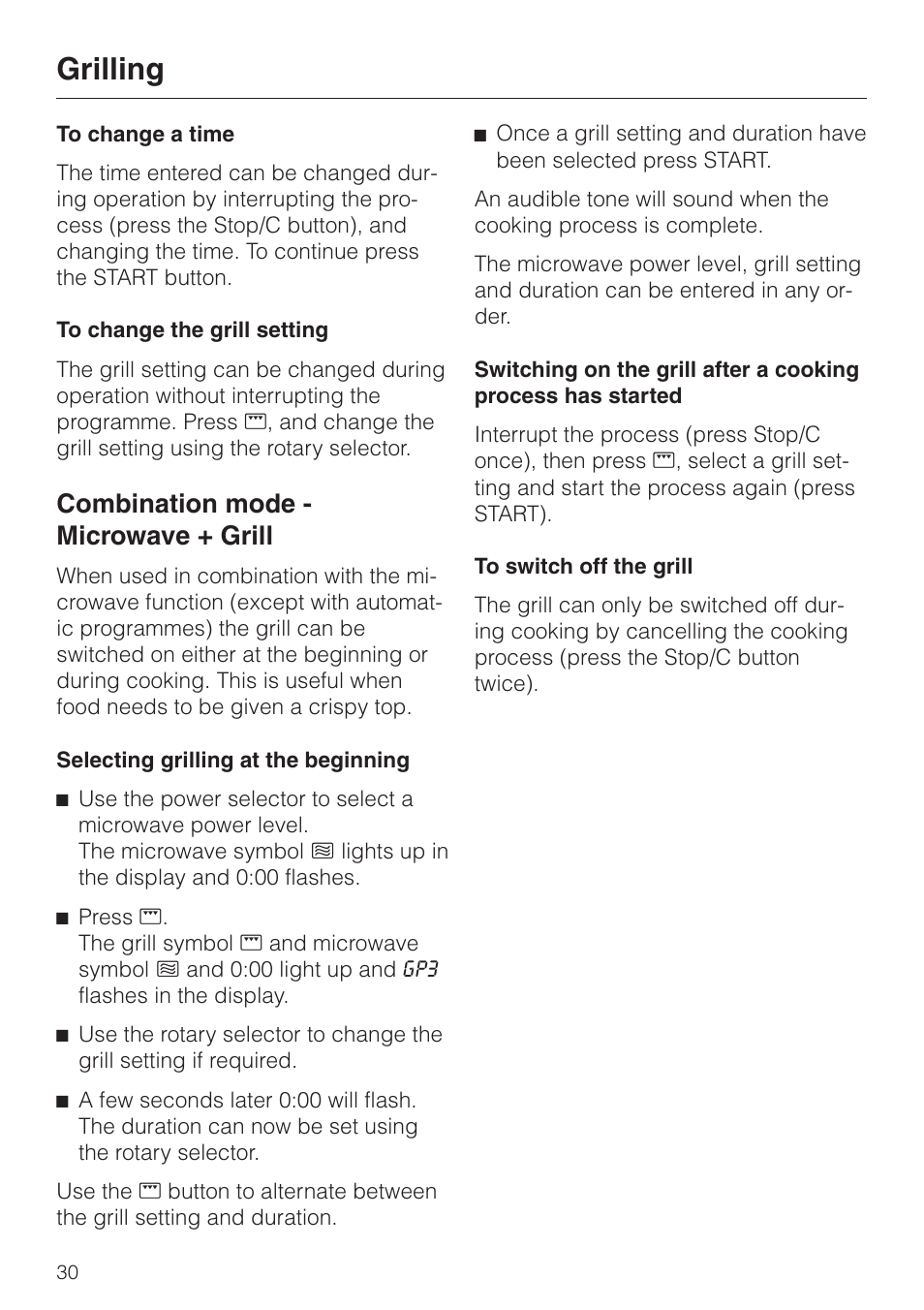 Combination mode - microwave + grill 30, Combination mode - microwave + grill, Grilling | Miele M 635 EG User Manual | Page 30 / 44