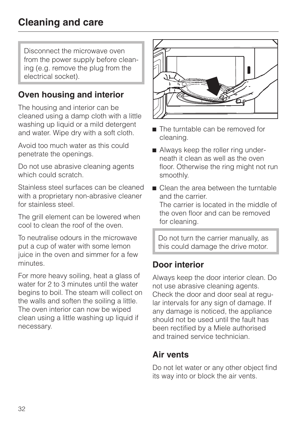 Cleaning and care 32, Cleaning and care, Oven housing and interior | Door interior, Air vents | Miele M 635 EG User Manual | Page 32 / 44