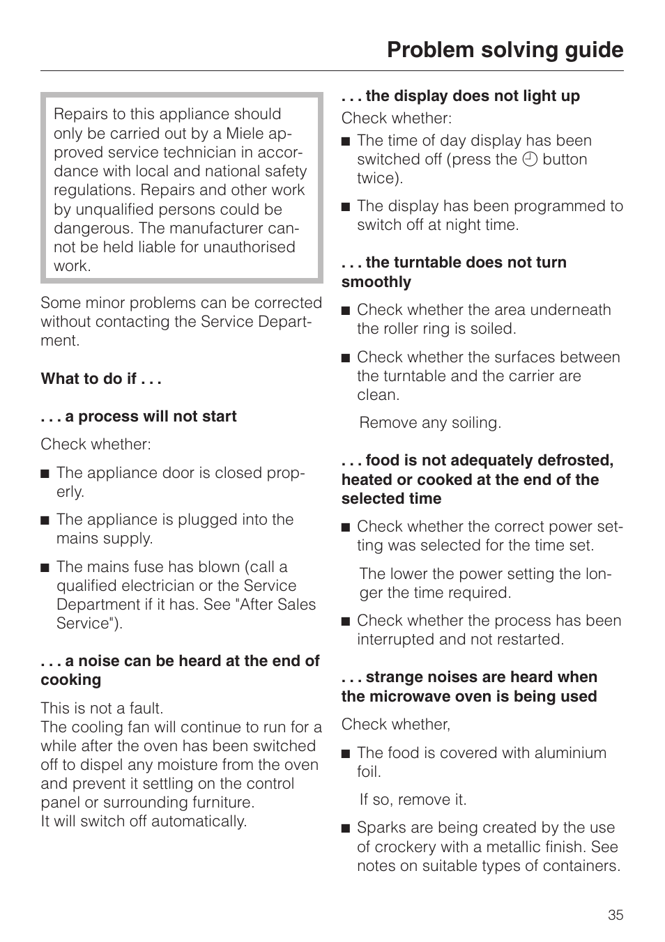 Problem solving guide 35, Problem solving guide | Miele M 635 EG User Manual | Page 35 / 44