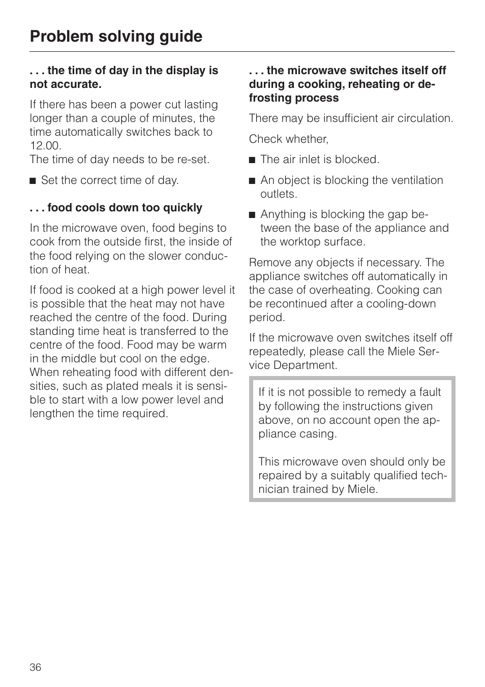 Problem solving guide | Miele M 635 EG User Manual | Page 36 / 44