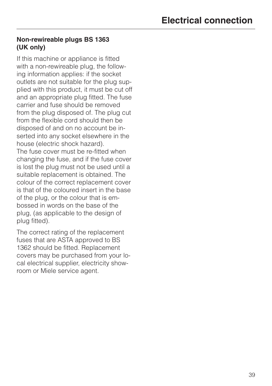 Electrical connection | Miele M 635 EG User Manual | Page 39 / 44