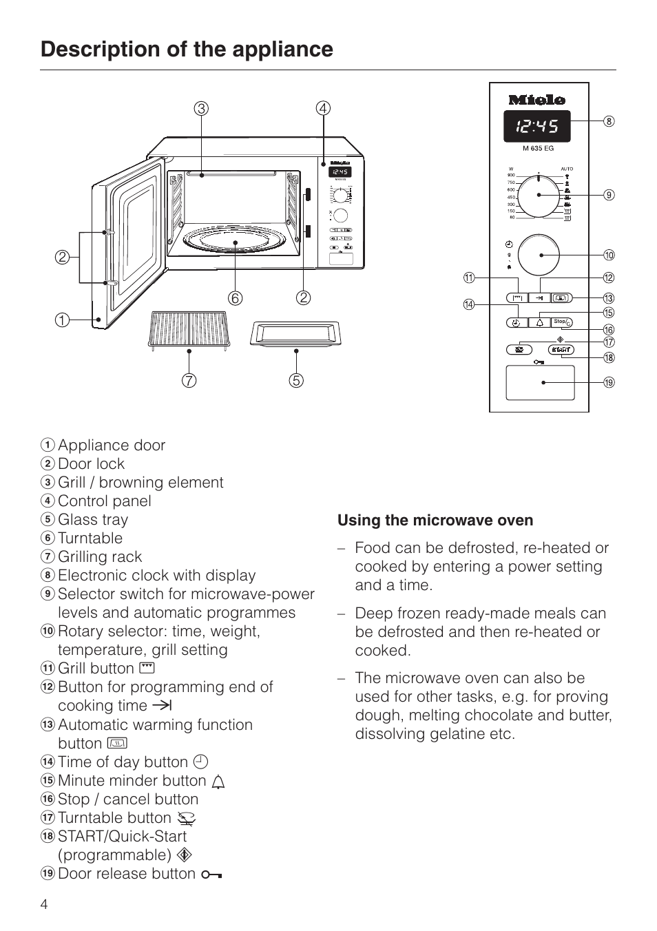 Description of the appliance 4, Description of the appliance | Miele M 635 EG User Manual | Page 4 / 44